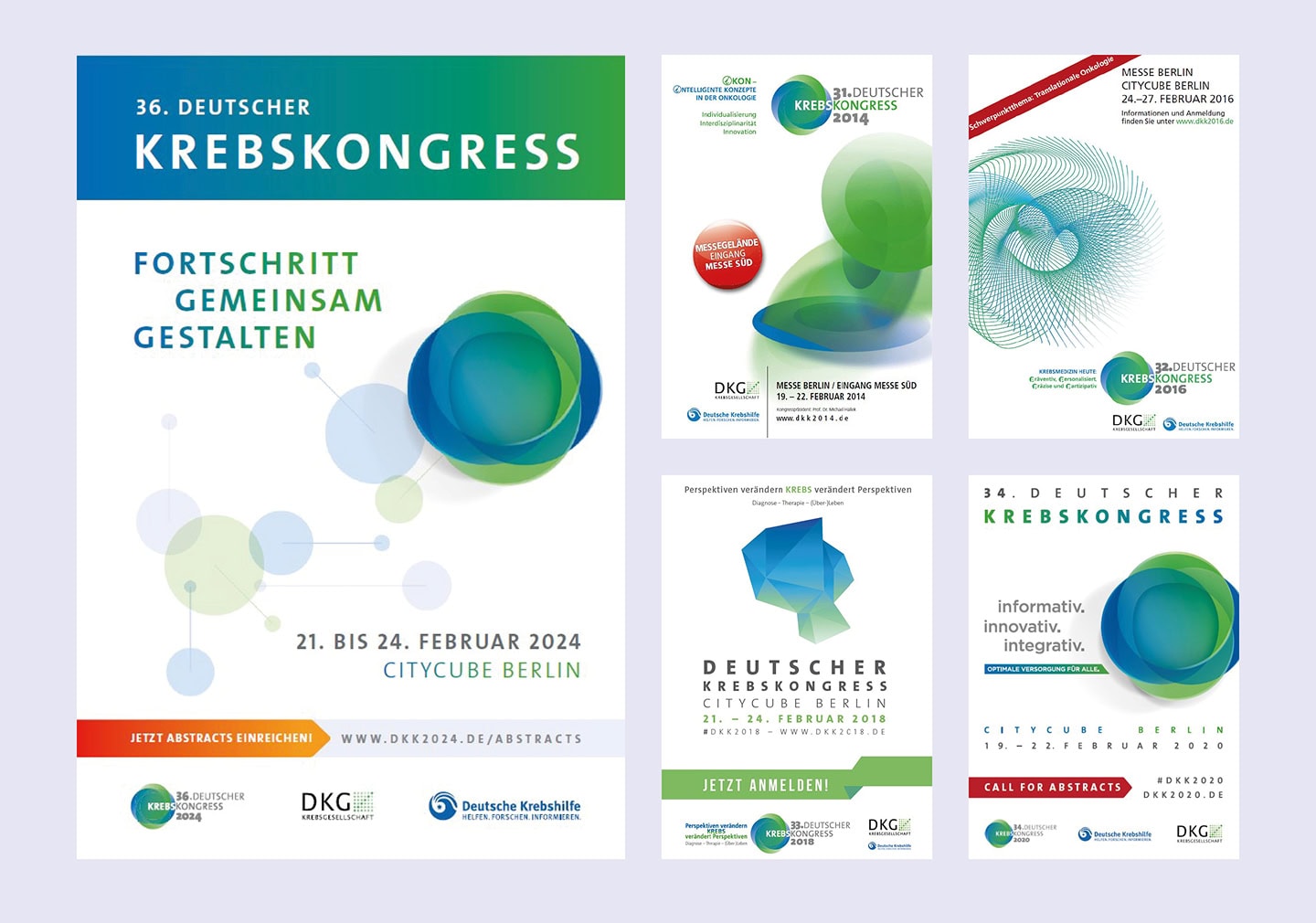 Vergleich der Plakatgestaltung des Deutscher Krebskongresses von 2014 bis 2024.