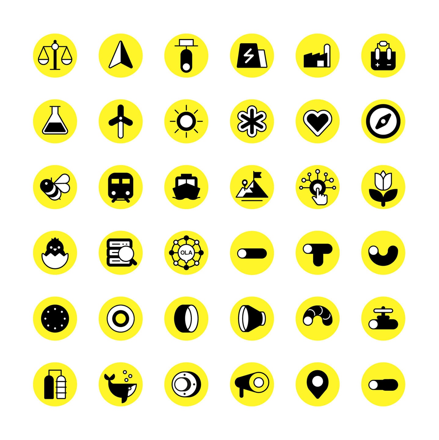 Individuell entwickelte Iconbibliothek mit Symbolen für Energie, Infrastruktur, Mobilität, Natur und Digitalisierung.