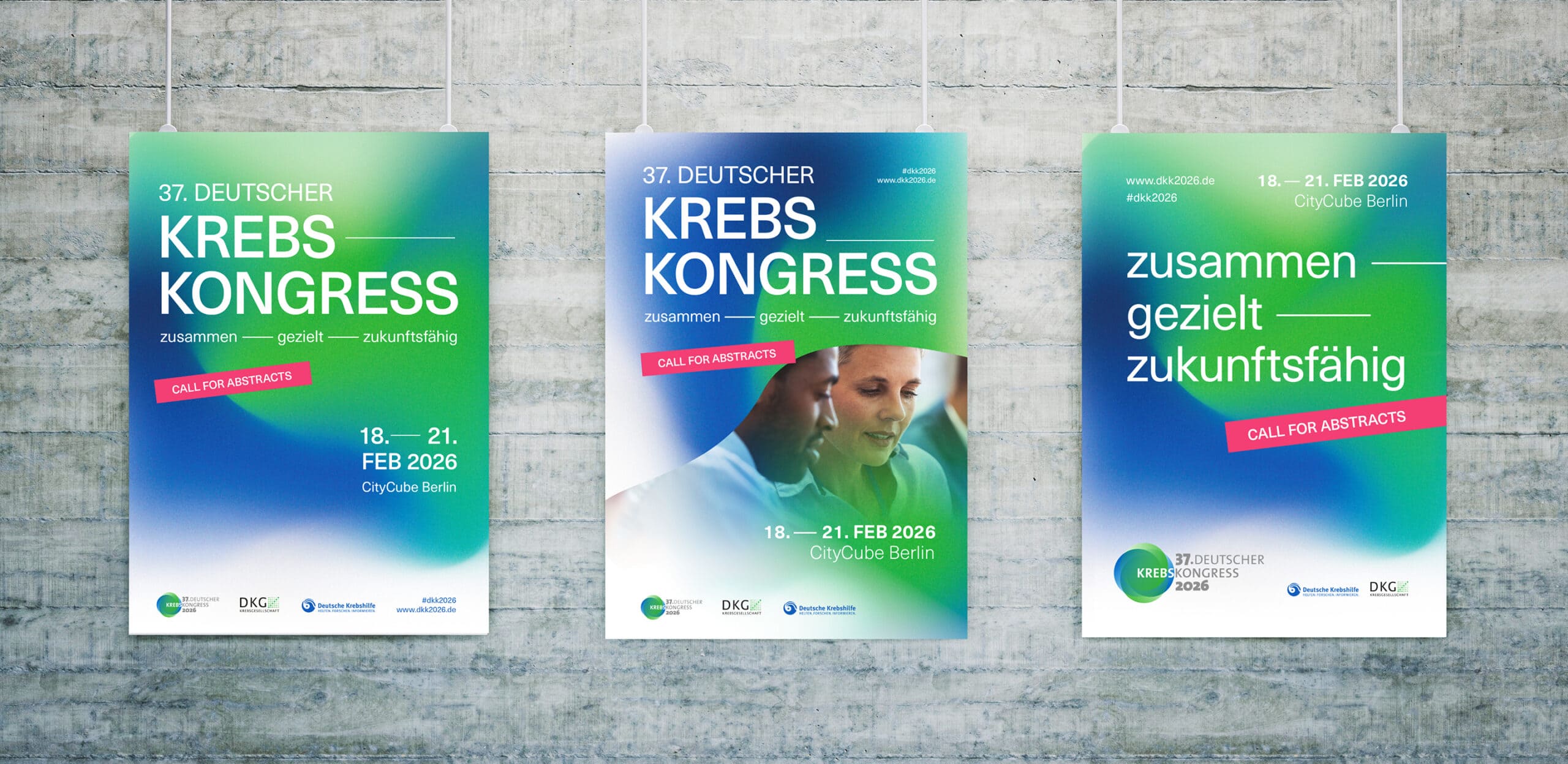 Plakatserie zum 37. Deutschen Krebskongress mit verschiedenen Motiven für Kongressankündigung und Call for Abstracts.