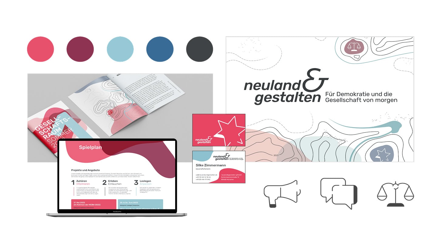 Übersicht des Corporate Designs mit Farbpalette, Logo, Geschäftsausstattung, Website, Printmedien und Icons.