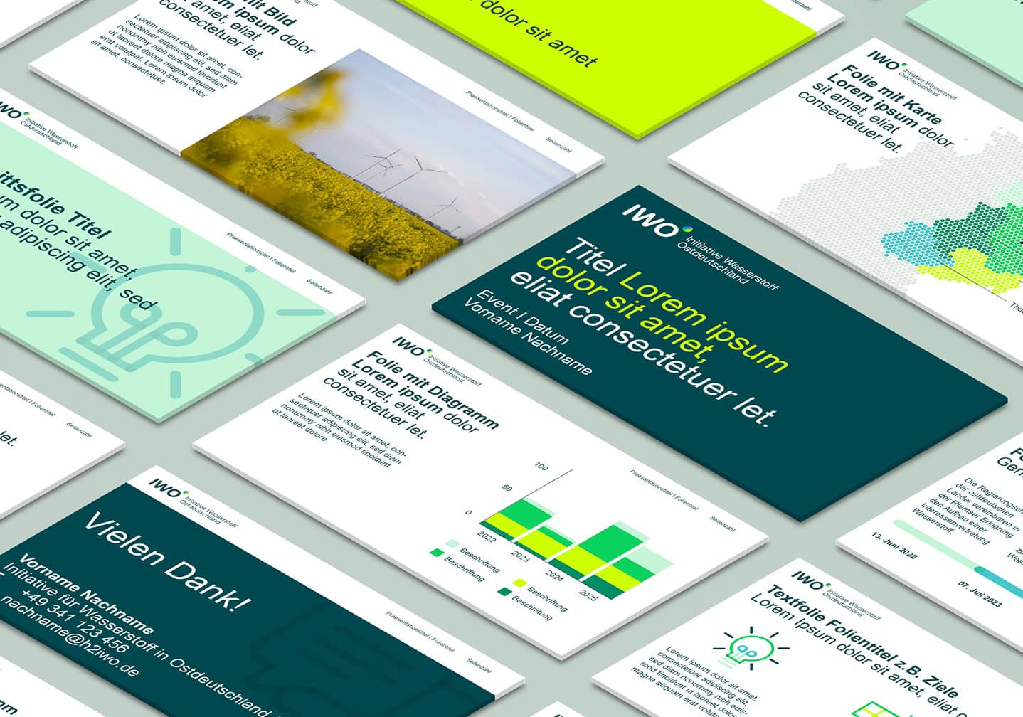 PowerPoint-Vorlagen der Initiative Wasserstoff Ostdeutschland mit Titelfolien, Diagrammen und Bildlayouts im Corporate Design.