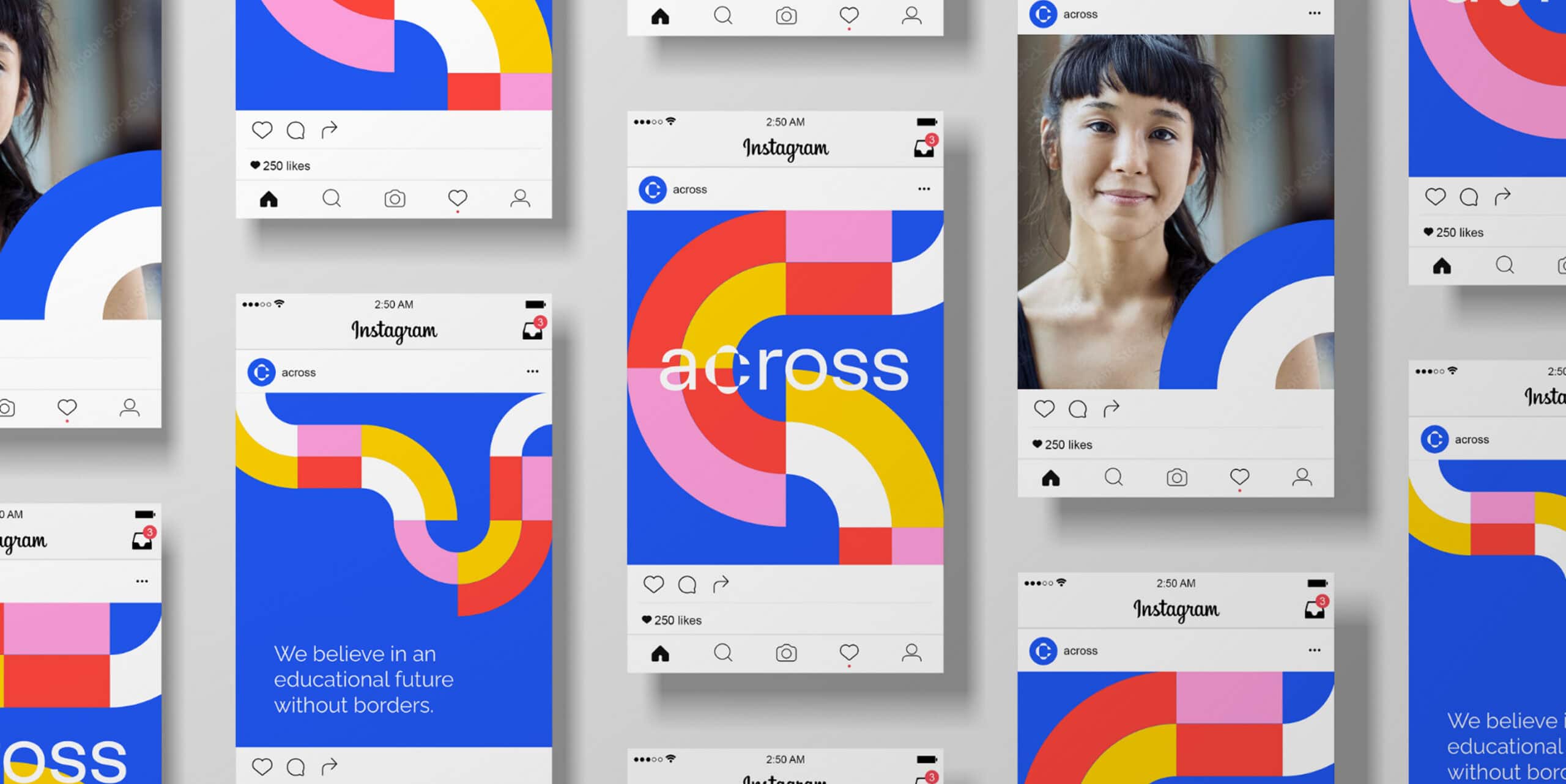Social-Media-Design für die Hochschule across mit Branding, Bildwelt und grafischen Elementen in Instagram-Posts.