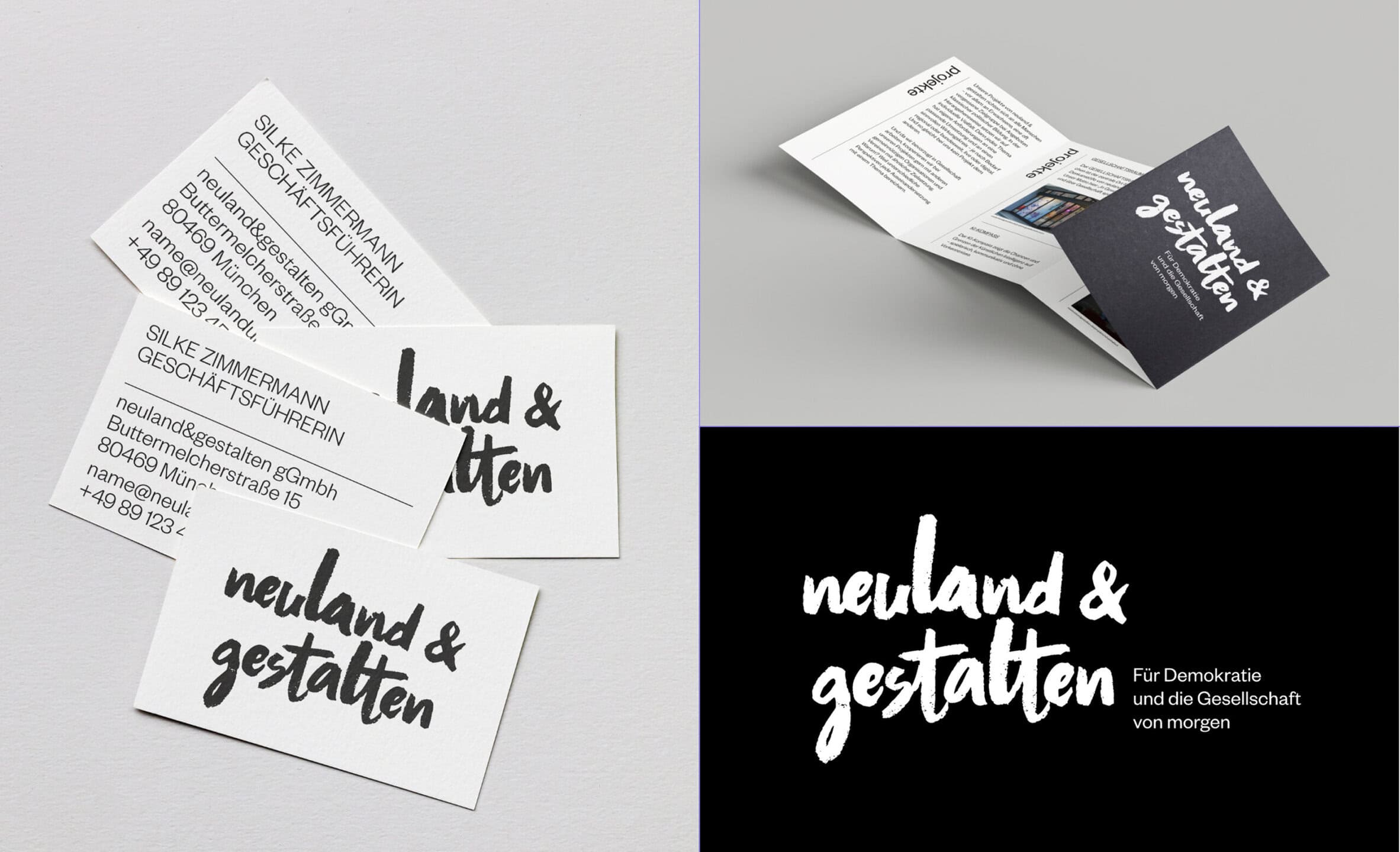 Geschäftsausstattung von neuland gestalten mit Visitenkarten, Faltflyer und Logovariante mit Claim.