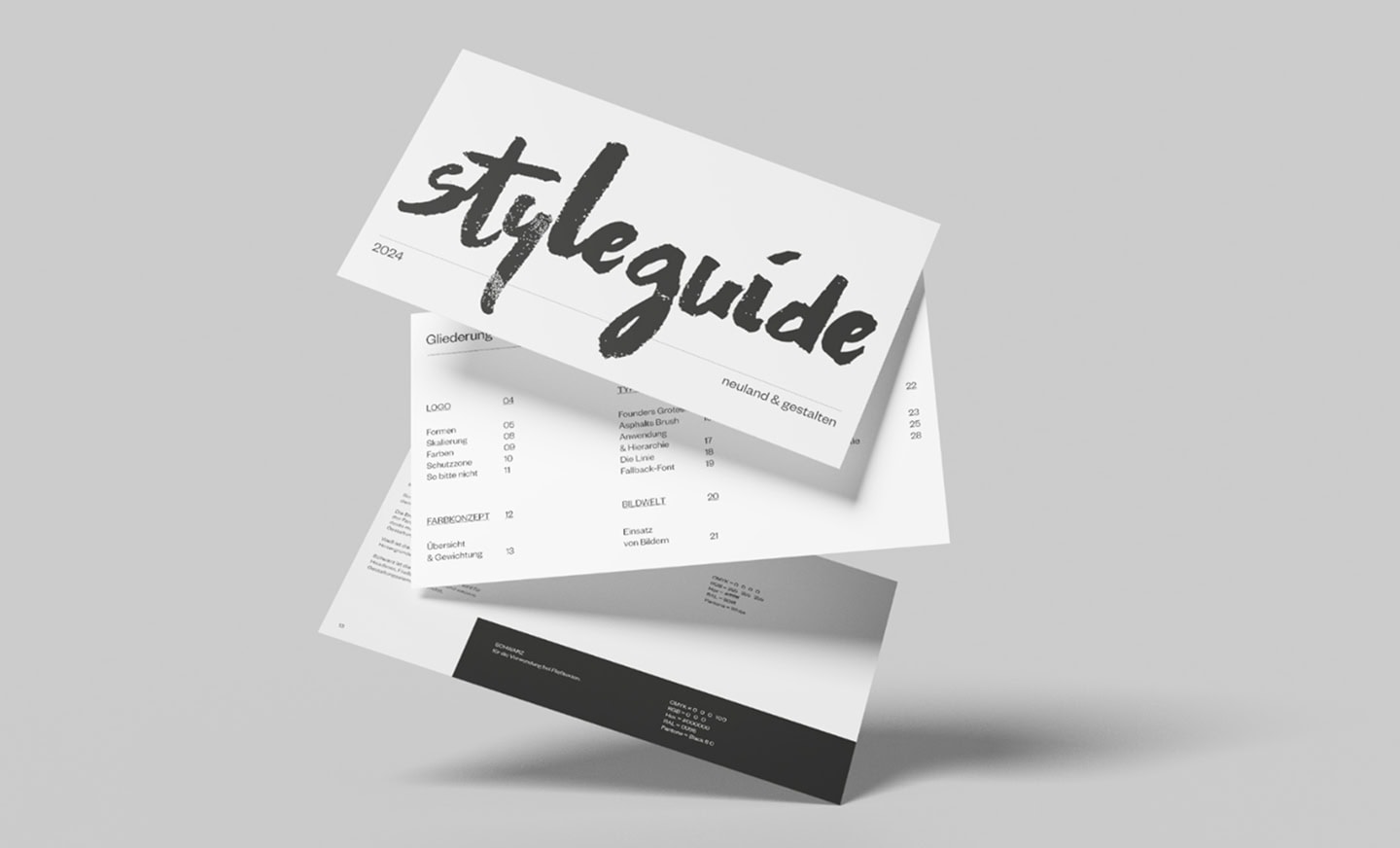 Styleguide von neuland gestalten mit Titelseite und Inhaltsübersicht des Corporate-Design-Handbuchs.