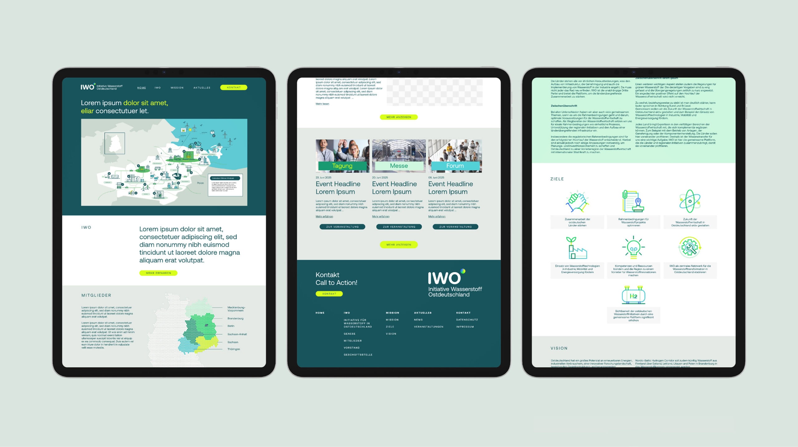 Responsives Webdesign der Initiative Wasserstoff Ostdeutschland auf Tablet mit Karten, Veranstaltungen und Zielen.