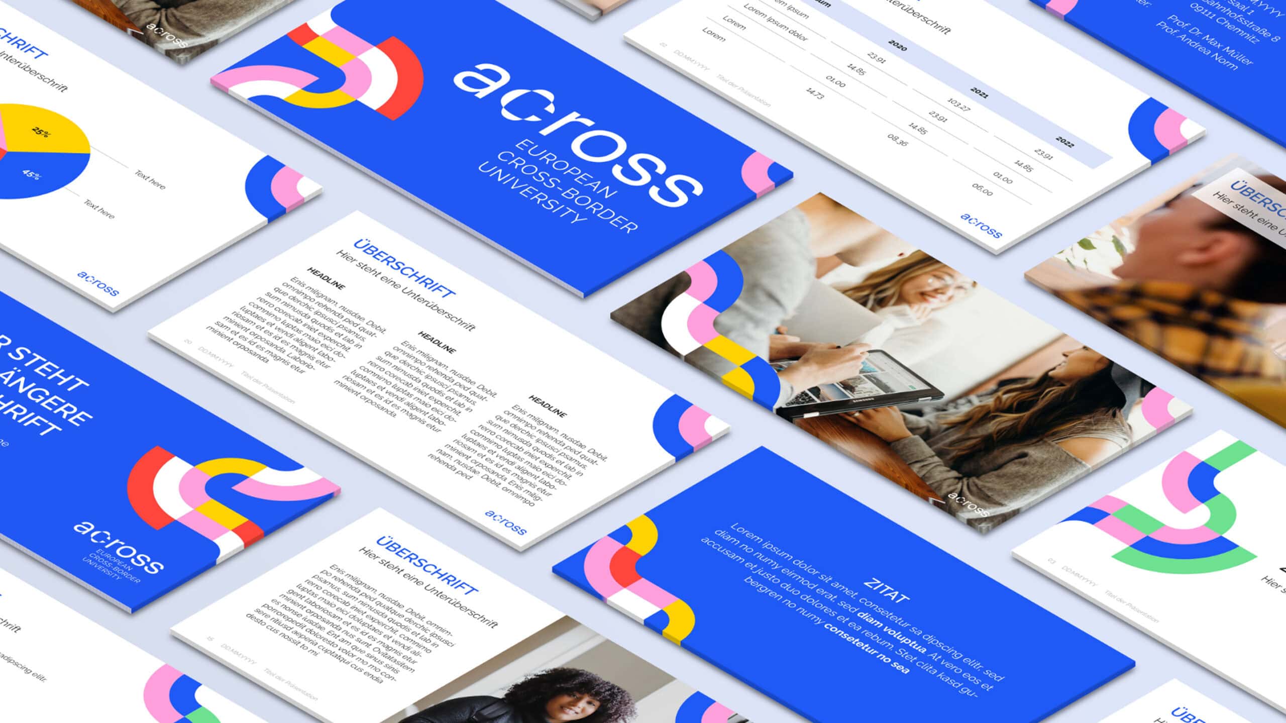 PowerPoint-Vorlagen der Hochschule across mit Corporate Design, Layoutsystem und Präsentationsfolien.