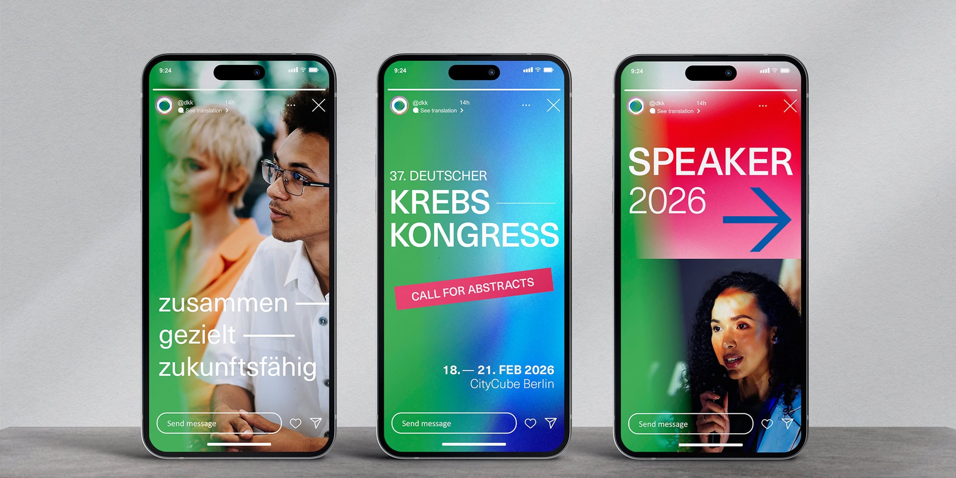 Instagram-Story für den 37. Deutschen Krebskongress mit Speakerankündigung und Call for Abstracts.