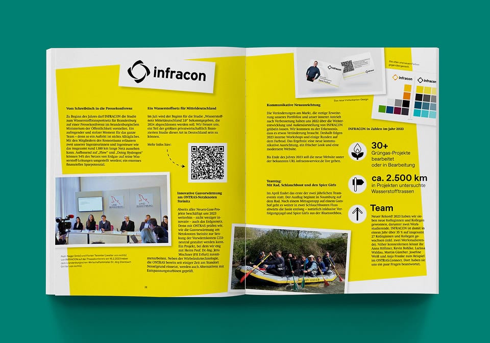 Magazindoppelseite mit Unternehmensnews von INFRACON, Fotos, Kennzahlen und Informationen zu Projekten und Team.