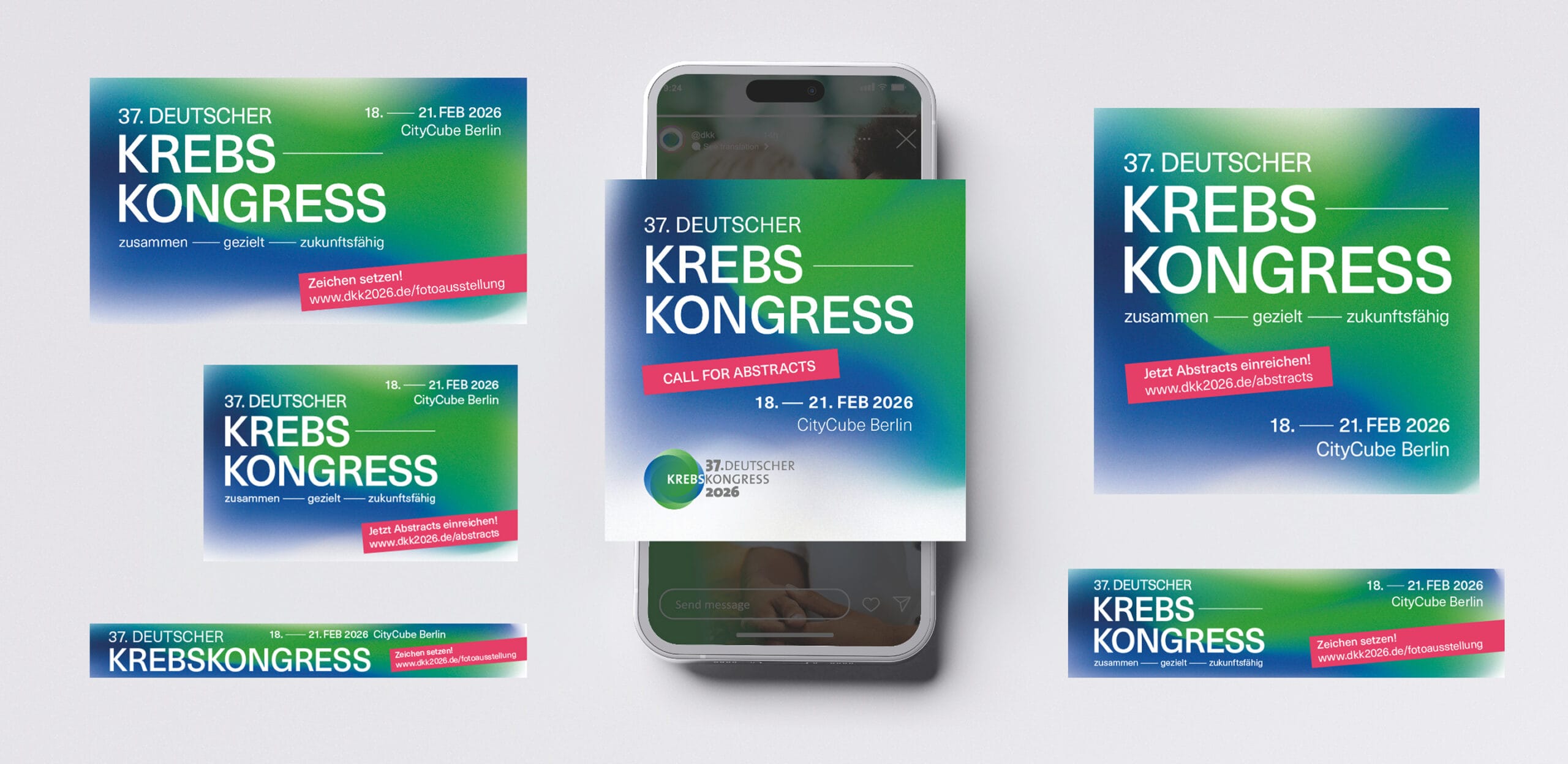 Social-Media-Grafiken für den 37. Deutschen Krebskongress in verschiedenen Formaten für Beiträge und Banner.
