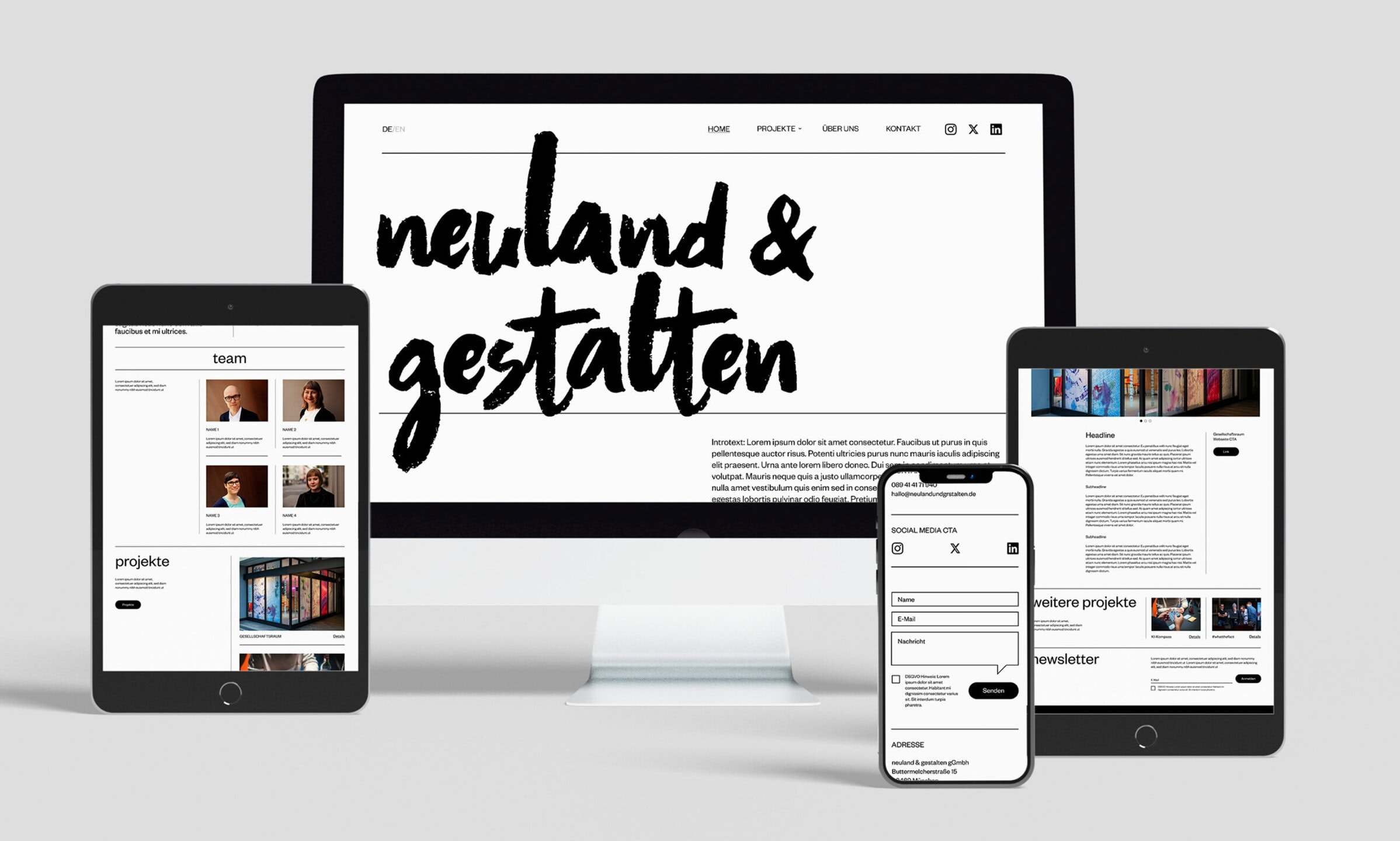 Neuland&Gestalten: Responsive Website von neuland gestalten auf Desktop, Tablet und Smartphone mit Startseite, Team und Kontaktformular.
