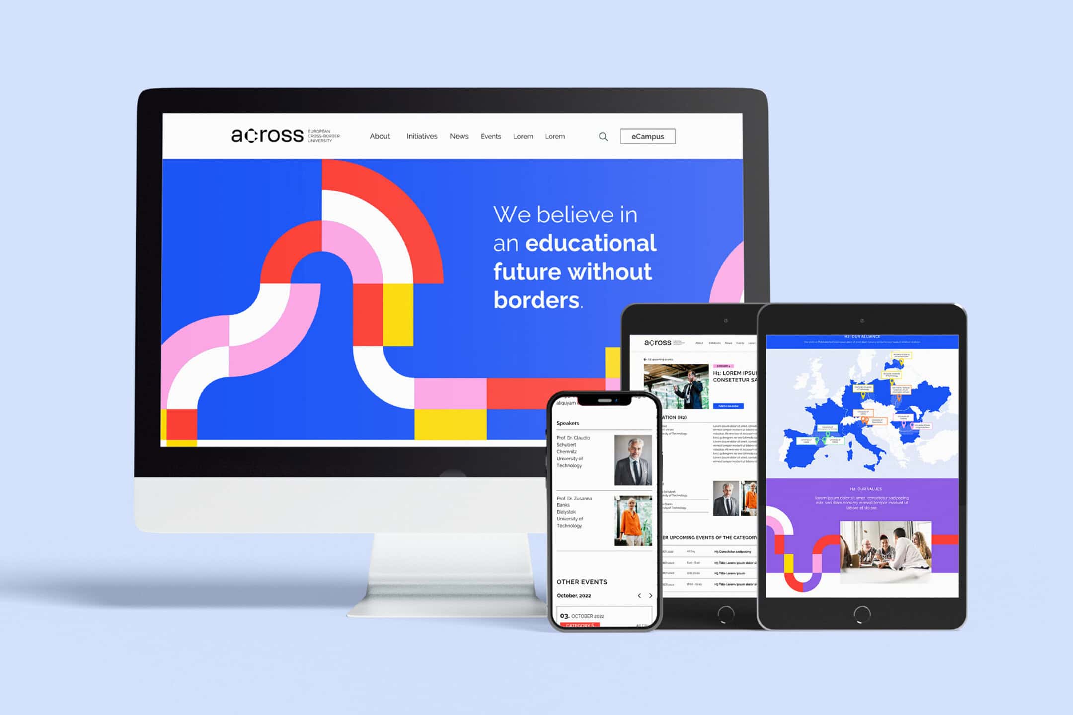 Responsive Website der Hochschule across im Corporate Design auf Desktop, Tablet und Smartphone dargestellt.