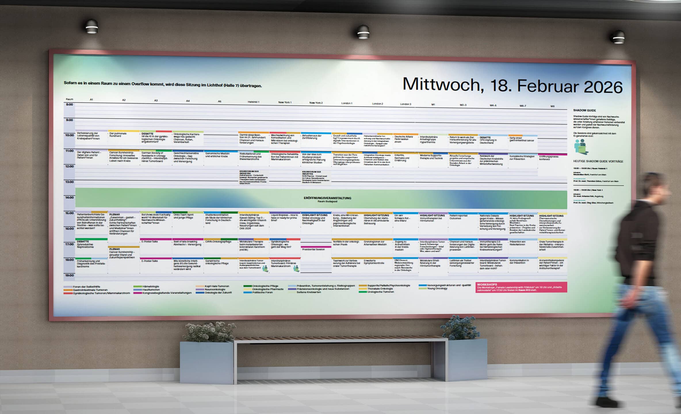 Großformatiger Programmplan des 37. Deutschen Krebskongresses zur Orientierung im Veranstaltungsbereich.