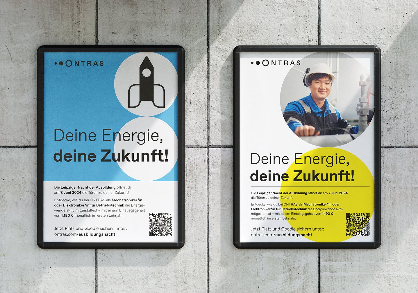 Zwei Werbeplakate der ONTRAS-Ausbildungskampagne mit Raketenmotiv, Mitarbeitendenfoto und Informationen zur Leipziger Nacht der Ausbildung.