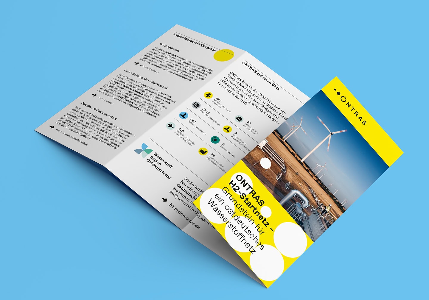 Aufgeschlagener Flyer und Titelseite zum ONTRAS H₂-Startnetz mit Kennzahlen und Informationen zur Infrastruktur.